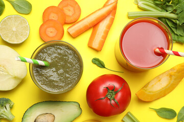 Delicious juices and fresh ingredients on yellow background, flat lay