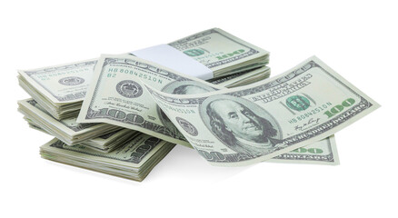 Many dollar banknotes on white background. American national currency