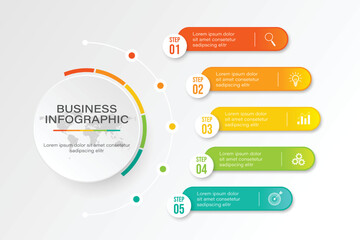 Business infographic circle shape five option, process or step for presentation. Can be used for presentations, workflow layout, banners and web design. Business concept with 5 options, steps, parts.