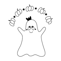 Pretty halloween ghost juggles pumpkins.Doodle style.Childish cartoon halloween clipart.Outline.Isolated on white background.