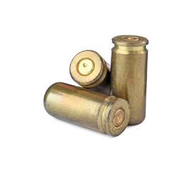 Cartridge cases isolated on white. Firearm ammunition