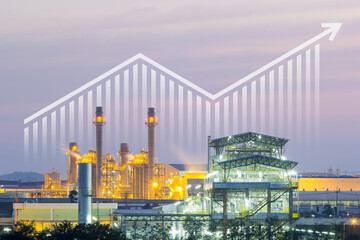 Power plant, gas fired power station. Include increasing bar chart, graph, arrow. Industrial...
