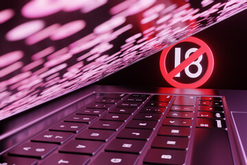 18 age restriction sign placed at the end of a half-closed laptop. Illustration of under 18 forbidden movies, online content and websites