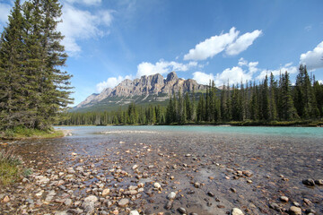 Rocky turquoise river leading alongside a forest and mountains on a blue sky day.