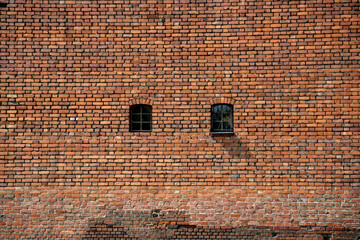 Red brick wall with two windows