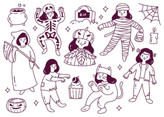 Set of Cartoon Halloween Party Doodle. Vector Illustration