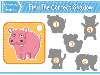 Find The Correct Shadow Find And Match The Correct Shadow Of Hippo. Kids Educational Game. Printable Worksheet Vector Illustration