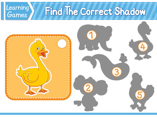 Find The Correct Shadow Find And Match The Correct Shadow Of Duck. Kids Educational Game. Printable Worksheet Vector Illustration