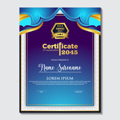 Blue and gold color certificate template design. Certificate of Achievement with a gold badge