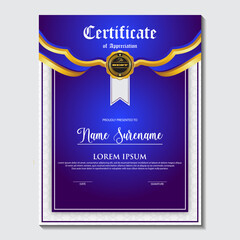 Naklejka na ściany i meble Blue and gold color certificate template design. Certificate of Achievement with a gold badge