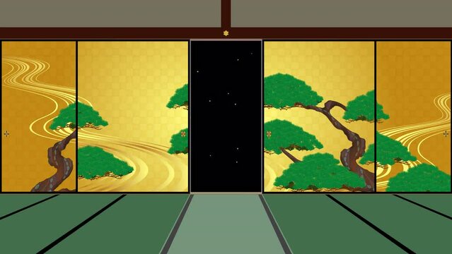 松が描かれた襖が開閉する動画。日本の部屋