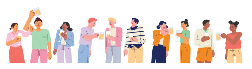 People standing in a line holding beer and champagne and talking. flat design style vector illustration. - 520701387