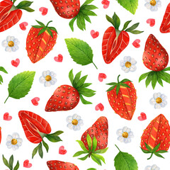 Juicy summer strawberry seamless watercolor pattern. Sweet berry, cut in half, leaves, flowers, cute hearts. Hand drawn fresh fruit isolated on white background. For web, posters, gift cards, fabric