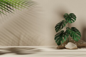 Obraz premium Empty 3D display product beige minimal scene with geometric podium platform.Cosmetics or beauty product promotion mockup. 3D render illustration.