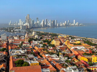 Aerial drone panorama of cartagena old city with skyline in background / Colombia - obrazy, fototapety, plakaty