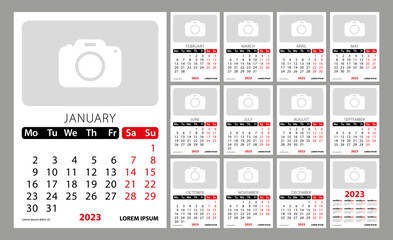 Wall or desk calendar template for 2023. Week start on Monday. Planner diary template with place for photo. Monthly calendar.