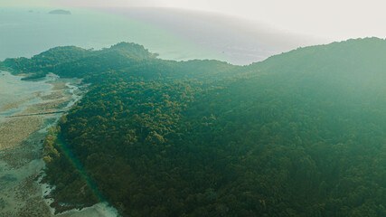 Aerial drone view of coastline scenery at Besar Island or Pulau Besar in Mersing, Johor, Malaysia