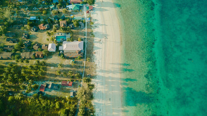 Aerial drone view of coastline scenery at Besar Island or Pulau Besar in Mersing, Johor, Malaysia