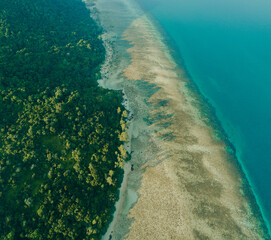 Aerial drone view of coastal scenery at Besar Island or Pulau Besar in Mersing, Johor, Malaysia