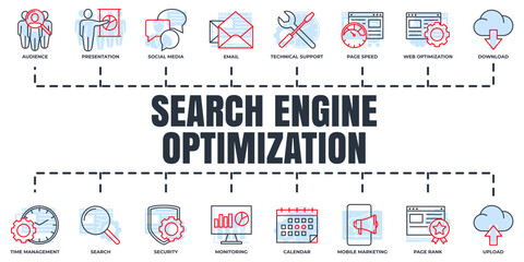 Search Engine Optimization. SEO banner web icon set. web optimization, download, email, social media, calendar, presentation, audience vector illustration concept.