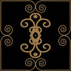 Vintage floral gold 3d pattern with frame on black background. Luxury tapestry swirls lines flowers, frames. Embroidery beautiful swirl ornaments in antique style. Golden strings. Vector. For decor