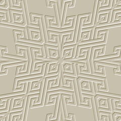 Emboss greek 3d seamless pattern. Embossed relief beige background. Greek key meanders. Surface geometric traditional ethnic ornaments. Abstract repeat textured backdrop. Embossing endless texture