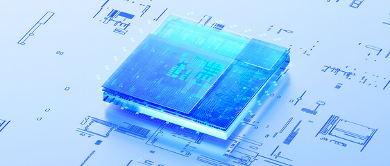 Fototapeta 3D rendering of cyberpunk AI. Circuit board. Technology background. Central Computer Processors CPU and GPU concept. Motherboard digital chip. Tech science background. obraz
