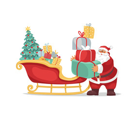 Funny Santa Claus is holding gift boxes with a sleigh full of presents. Merry christmas and new year. Cartoon vector character isolated on white background, modern holiday design.