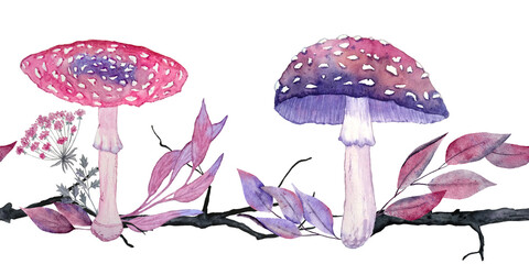 Watercolor hand drawn seamless horizontal border with purple pink mushrooms, forest leaves herbs. Witch wood Halloween frame background, spooky horror clipart.