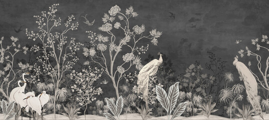 wallpaper jungle and leaves  tropical forest peacock and forest birds, old drawing vintage black mod - obrazy, fototapety, plakaty