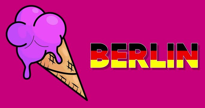 Ice Cream with Berlin text. Colorful animated dancing summer sweet food cartoon. 4k resolution animation, moving image.