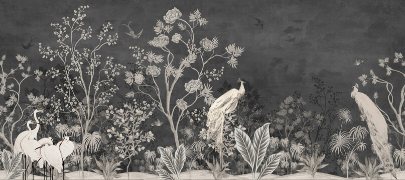 wallpaper jungle and leaves  tropical forest peacock and forest birds, old drawing vintage black mod