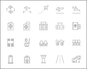 Simple Set of airport Related Vector Line Icons. Contains such Icons as flight, runway, tower, landing, travel, baggage, arrival, tourism and more.