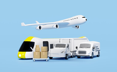Obraz na płótnie Canvas land transport concept, 3d worldwide shipping with truck delivery van, plane, sky train transport isolated on blue background. service, transportation, air cargo trucking, railway shipping, 3d render