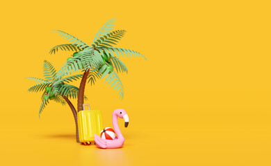3d summer sea beach with suitcase, Inflatable flamingo, palm tree isolated on yellow background. summer travel concept, 3d render illustration