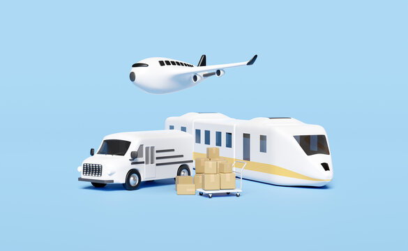 3d worldwide shipping with delivery van, plane, sky train transport isolated on blue background. service, transportation, air cargo trucking, railway shipping, land transport concept, 3d render