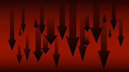 Lots of dark arrows pointing down on dark red background. Symbol of falling market or economy. News banner.