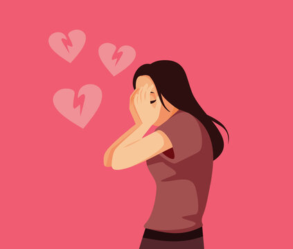 Woman Suffering Crying After Break-up Vector Illustration. Desperate ex-lover feeling anxious and stressed about separation 
