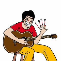  cartoon man with finger injury from practicing guitar