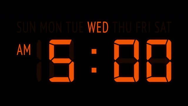 Loopable: Orange LED digital clock displays the current time at Wednesday in 12-hours AM/PM format updating 1 minute per frame. Animated digits on black background.