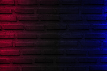 Lighting effect red and blue on empty brick wall background. Lighting effect pink and cyan wall background.	