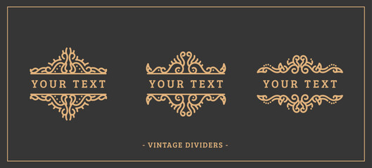 Decorative vector luxury set filigree vintage ornament elements: gold dividers or border decoration. Combinations for retro design, greeting cards, certificates, invitations and other ornate