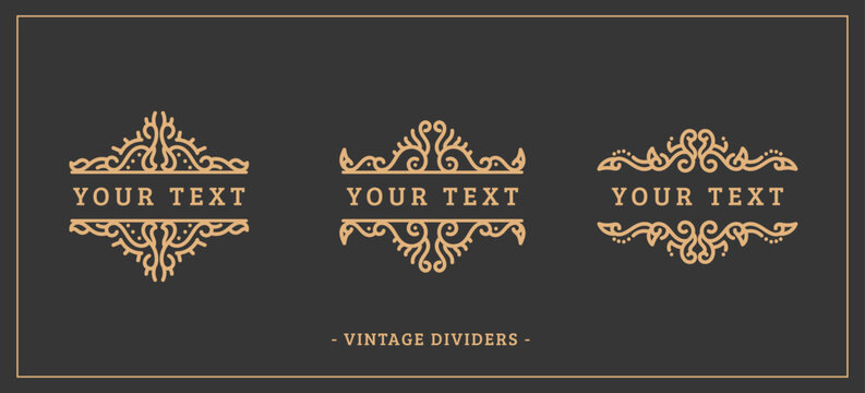 Decorative vector luxury set filigree vintage ornament elements: gold dividers or border decoration. Combinations for retro design, greeting cards, certificates, invitations and other ornate