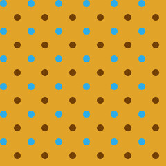 Cute modest brown and blue polka dots isolated on a dark yellow background Seamless pattern