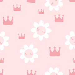 Fototapeta premium Seamless pattern with sleeping daisy cartoons and cute crowns on pink background vector. Cute childish print.