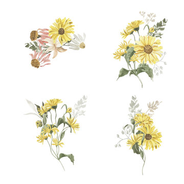 Set of watercolor autumn simple bouquets of yellow flowers © Lyubov