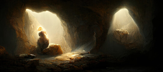 Panorama of a cave hidden inside a mountain, sunlight breaks through holes in the wall. 3d illustration - obrazy, fototapety, plakaty