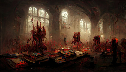 An evil blood demon has taken over the magic library, everything is saturated with sinister magic. 3d illustration