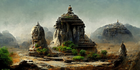 Panoramisch landschap van een oude tempel in de bergen, de overblijfselen van een verloren beschaving. 3d illustratie