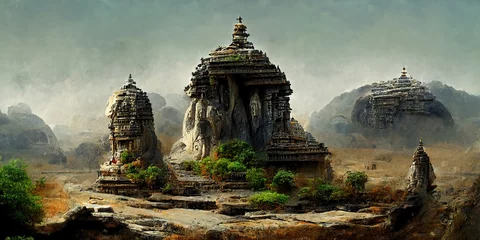 Foto auf Acrylglas Anbetungsstätte Panoramablick auf die Landschaft eines alten Tempels in den Bergen, die Überreste einer verlorenen Zivilisation. 3D-Darstellung